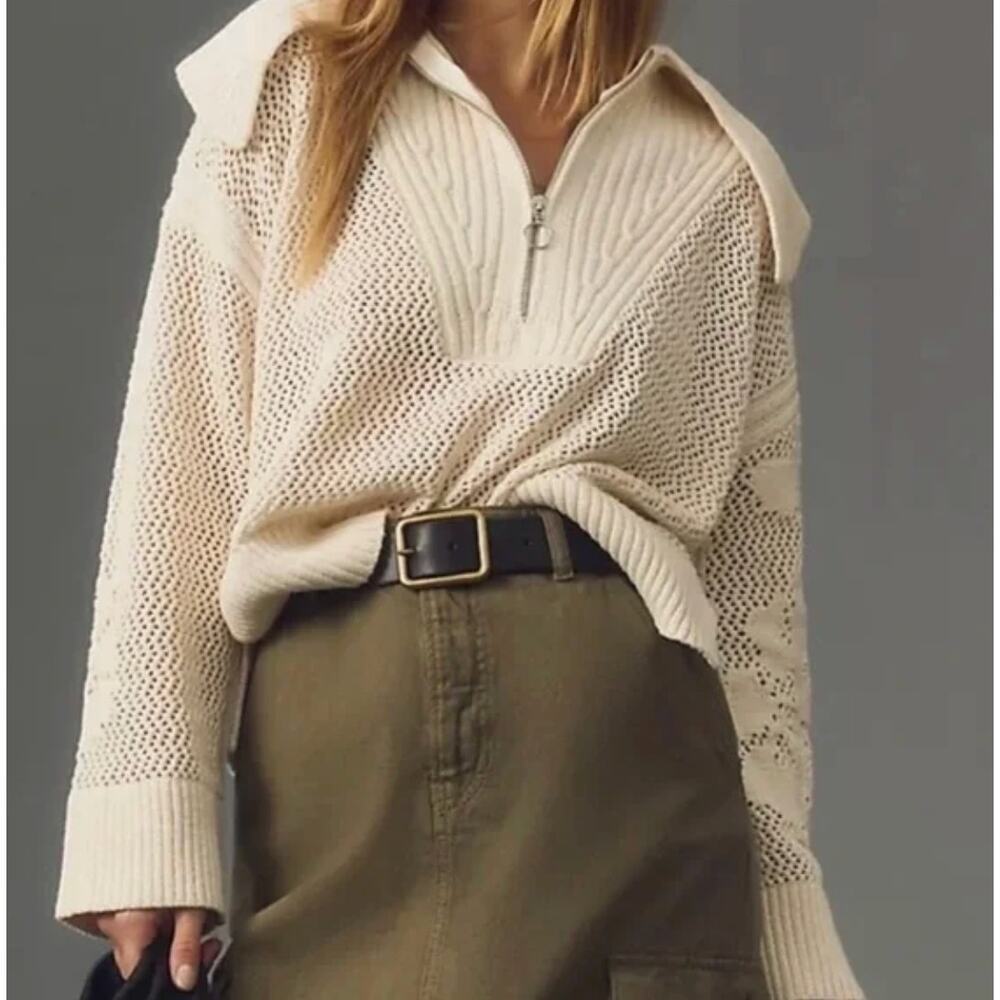 EUC Anthropologie Daily Practice Half-Zip Oversized Pullover Sweater Cream